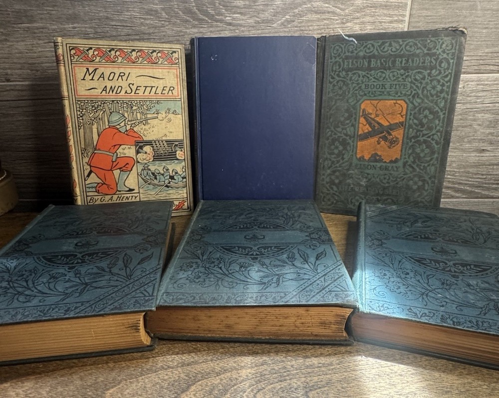 Lot of 6 Misc Books Green/Blue/Brown Decor Staging Display Antique Old Vintage